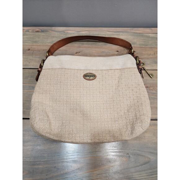 FOSSIL Explorer Foldover Flap Leather and Textured Canvas Cotton Shoulder Bag - Picture 1 of 10